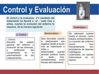 El control y la evaluación del resultado del
tratamiento se llevará a cabo cada mes o
antes, cuando la evolución del enfermo lo
requiera, de la manera siguiente:
a. Control
- Clínico:
Revisión del estado
general del enfermo y
evolución de los síntomas,
y verificación del
cumplimiento en la
administración de los
medicamentos.
Baciloscópico:
Será favorable cuando
la baciloscopía sea
negativa desde el tercer
mes de tratamiento o
antes, y
desfavorable, cuando
persista positiva hasta
el sexto mes,
considerándola como
fracaso del tratamiento.
Radiológico
Se efectuará cuando
exista el recurso, como
estudio complementario,
La curación del enfermo
ocurre muy
frecuentemente con
persistencia de lesiones
radiológicas
cicatriciales, sin bacilos
tuberculosos en el
esputo.
Control y Evaluación
Tx
 