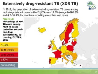 Extensively drug-resistant TB (XDR TB)
14
In 2013, the proportion of extensively drug-resistant TB cases among
multidrug-resistant cases in the EU/EEA was 17.5% (range 0–100.0%
and 4.2–36.4% for countries reporting more than one case).
Figure 13:
Percentage of XDR
TB cases among
MDR TB cases
tested for second-
line drug
susceptibility, by
country, EU/EEA,
2013
20 to 29.9%
10 to 19.9%
≥30%
< 10%
Not reporting
 