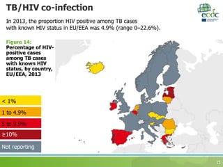 TB/HIV co-infection
15
In 2013, the proportion HIV positive among TB cases
with known HIV status in EU/EEA was 4.9% (range 0–22.6%).
Figure 14:
Percentage of HIV-
positive cases
among TB cases
with known HIV
status, by country,
EU/EEA, 2013
5 to 9.9%
1 to 4.9%
≥10%
< 1%
Not reporting
 