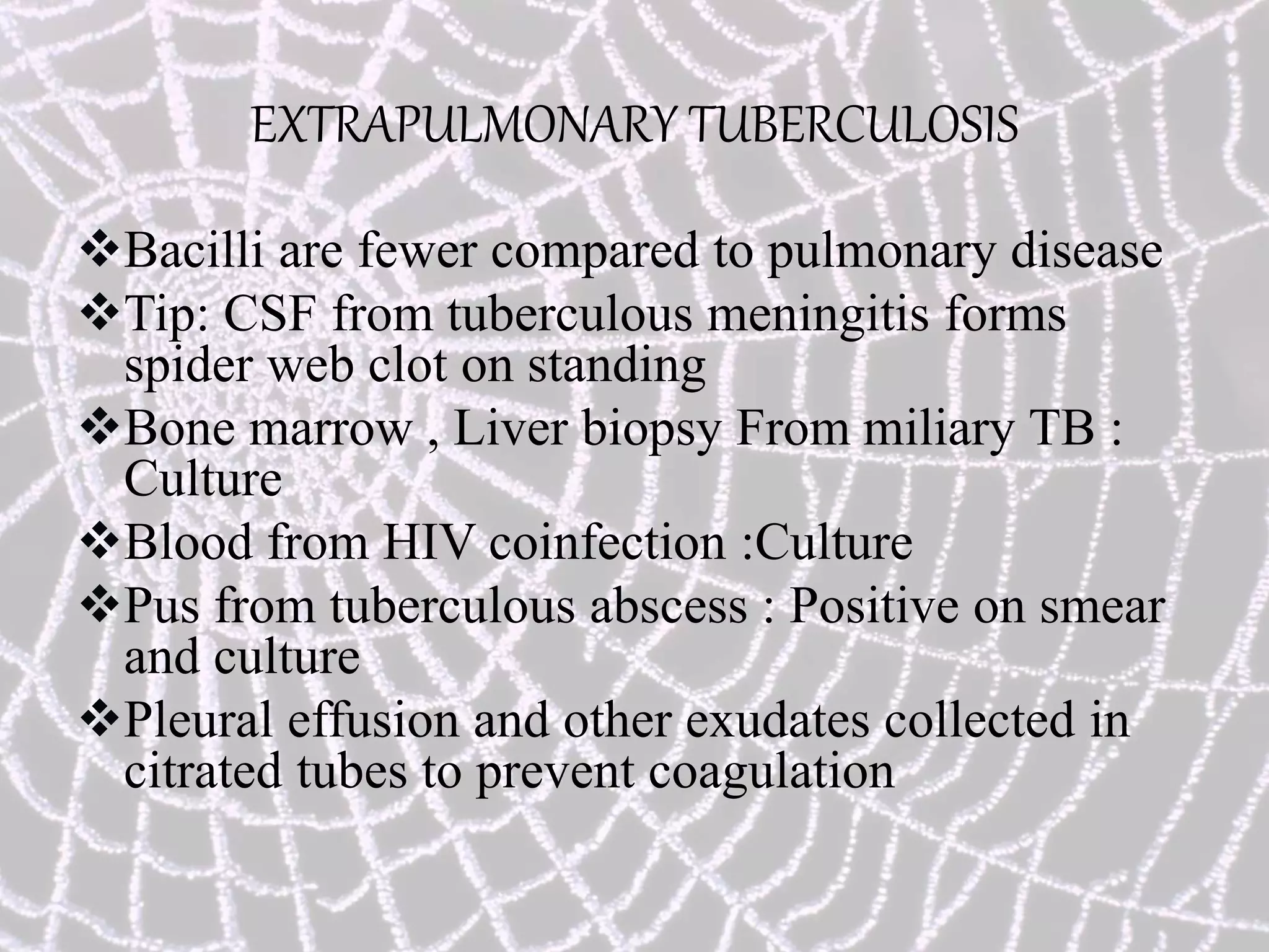 EXTRAPULMONARY TUBERCULOSIS
Bacilli are fewer compared to pulmonary disease
Tip: CSF from tuberculous meningitis forms
spider web clot on standing
Bone marrow , Liver biopsy From miliary TB :
Culture
Blood from HIV coinfection :Culture
Pus from tuberculous abscess : Positive on smear
and culture
Pleural effusion and other exudates collected in
citrated tubes to prevent coagulation
 