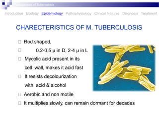 CHARECTERISTICS OF M. TUBERCULOSIS
Rod shaped,
0.2-0.5 µ in D, 2-4 µ in L
Mycolic acid present in its
cell wall, makes it ...