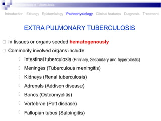 Intestinal tuberculosis (Primary, Secondary and hyperplastic)
Meninges (Tuberculous meningitis)
Kidneys (Renal tuberculosi...