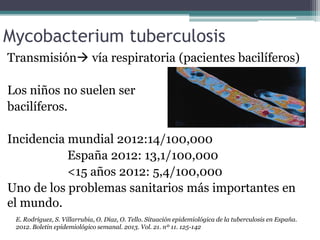 Mycobacterium tuberculosis
Transmisión vía respiratoria (pacientes bacilíferos)
Los niños no suelen ser
bacilíferos.
Incidencia mundial 2012:14/100,000
España 2012: 13,1/100,000
<15 años 2012: 5,4/100,000
Uno de los problemas sanitarios más importantes en
el mundo.
E. Rodríguez, S. Villarrubia, O. Díaz, O. Tello. Situación epidemiológica de la tuberculosis en España.
2012. Boletin epidemiológico semanal. 2013. Vol. 21. nº 11. 125-142
 