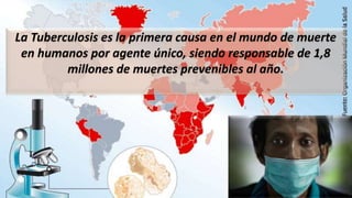 La Tuberculosis es la primera causa en el mundo de muerte
en humanos por agente único, siendo responsable de 1,8
millones de muertes prevenibles al año.
 