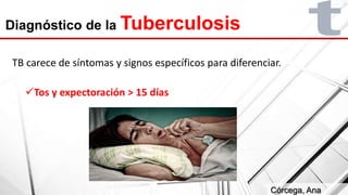 Diagnóstico de la Tuberculosis
TB carece de síntomas y signos específicos para diferenciar.
Tos y expectoración > 15 días
Córcega, Ana
 