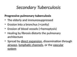 Secondary Tuberculosis
Progressive pulmonary tuberculosis
• The elderly and immunosuppressed
• Erosion into a bronchus (=cavity)
• Erosion of blood vessels (=hemoptysis)
• Healing by fibrosis distorts the pulmonary
architecture
• Spread by direct expansion, dissemination through
airways, lymphatic channels, or the vascular
system
 