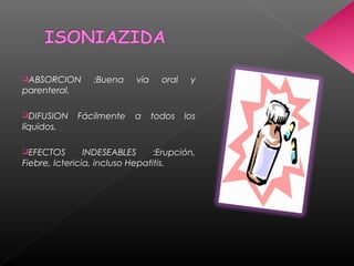 ABSORCION :Buena vía oral y
parenteral.
DIFUSION Fácilmente a todos los
líquidos.
EFECTOS INDESEABLES :Erupción,
Fiebre, Ictericia, incluso Hepatitis.