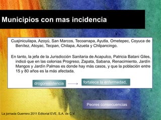 Municipios con mas incidencia 
Cuajinicuilapa, Azoyú, San Marcos, Tecoanapa, Ayutla, Ometepec, Coyuca de 
Benítez, Atoyac, Tecpan, Chilapa, Azueta y Chilpancingo. 
En tanto, la jefa de la Jurisdicción Sanitaria de Acapulco, Patricia Batani Giles, 
indicó que en las colonias Progreso, Zapata, Sabana, Renacimiento, Jardín 
Mangos y Jardín Palmas es donde hay más casos, y que la población entre 
15 y 80 años es la más afectada. 
drogoresistencia 
La jornada Guerrero 2011 Editorial EVE, S.A. de C.V. 
fortalece la enfermedad, 
Peores consecuencias 
 