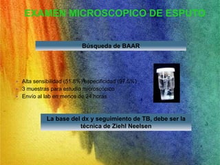 EXAMEN MICROSCOPICO DE ESPUTO 
Búsqueda de BAAR 
• Alta sensibilidad (51.8%) especificidad (97.5%) 
• 3 muestras para estudio microscópico 
• Envío al lab en menos de 24 horas 
La base del dx y seguimiento de TB, debe ser la 
técnica de Ziehl Neelsen 
 