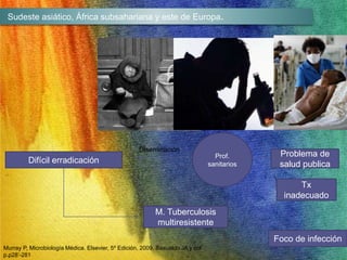 Sudeste asiático, África subsahariana y este de Europa. 
Difícil erradicación 
Diseminación 
Prof. 
sanitarios 
Problema de 
salud publica 
M. Tuberculosis 
multiresistente 
Tx 
inadecuado 
Foco de infección 
Murray P, Microbiología Médica. Elsevier, 5º Edición, 2009. Basualdo JA y col 
p.p28’-281 
 