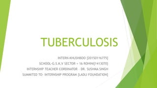 TUBERCULOSIS
INTERN-KHUSHBOO [20150116775]
SCHOOL-G.S.K.V SECTOR = 16 ROHINI[1413070]
INTERNSHIP TEACHER CORDINATOR – DR. SUSHMA SINGH
SUMMITED TO- INTERNSHIP PROGRAM [LADLI FOUNDATION]
 