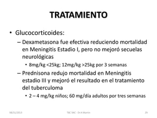 TRATAMIENTO
• Glucocorticoides:
– Dexametasona fue efectiva reduciendo mortalidad
en Meningitis Estadio I, pero no mejoró secuelas
neurológicas
• 8mg/kg <25kg; 12mg/kg >25kg por 3 semanas
– Prednisona redujo mortalidad en Meningitis
estadio III y mejoró el resultado en el tratamiento
del tuberculoma
• 2 – 4 mg/kg niños; 60 mg/día adultos por tres semanas
08/31/2013 TBC SNC - Dr.H.Martín 29
 