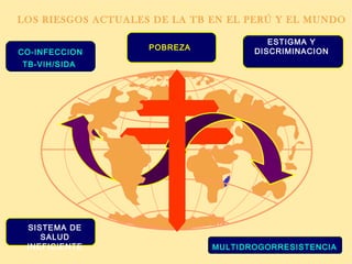 LOS RIESGOS ACTUALES DE LA TB EN EL PERÚ Y EL MUNDO
MULTIDROGORRESISTENCIAMULTIDROGORRESISTENCIA
CO-INFECCION
TB-VIH/SIDA
CO-INFECCION
TB-VIH/SIDA
POBREZA
ESTIGMA Y
DISCRIMINACION
SISTEMA DE
SALUD
INEFICIENTE
 