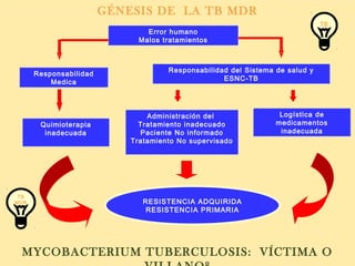 GÉNESIS DE LA TB MDR
Error humano
Malos tratamientos
Quimioterapia
inadecuada
Administración del
Tratamiento inadecuado
Paciente No informado
Tratamiento No supervisado
Logística de
medicamentos
inadecuada
RESISTENCIA ADQUIRIDA
RESISTENCIA PRIMARIA
Responsabilidad
Medica
Responsabilidad del Sistema de salud y
ESNC-TB
TB
TB
MDR
MYCOBACTERIUM TUBERCULOSIS: VÍCTIMA O
 