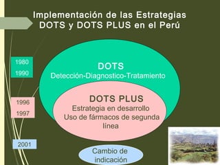 Implementación de las Estrategias
DOTS y DOTS PLUS en el Perú
DOTS
Detección-Diagnostico-Tratamiento
DOTS PLUS
Estrategia en desarrollo
Uso de fármacos de segunda
línea
1980
1990
2001
Cambio de
indicación
1996
1997
 