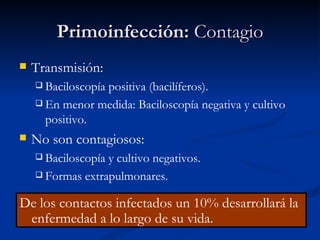 Primoinfección: Contagio
   Transmisión:
     Baciloscopía
                positiva (bacilíferos).
     En menor medida: Baciloscopía negativa y cultivo
      positivo.
   No son contagiosos:
     Baciloscopíay cultivo negativos.
     Formas extrapulmonares.


De los contactos infectados un 10% desarrollará la
 enfermedad a lo largo de su vida.
 