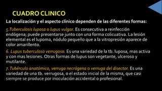 CUADRO CLINICO
La localización y el aspecto clínico dependen de las diferentes formas:
5.Tuberculosis luposa o lupus vulgar. Es consecutiva a reinfección
endógena; puede presentarse junto con una forma colicuativa. La lesión
elemental es el lupoma, nódulo pequeño que a la vitropresión aparece de
color amarillento.
6. Lupus tuberculoso verrugoso. Es una variedad de la tb. luposa, mas activa
y con mas lesiones. Otras formas de lupus son vegetante, ulceroso y
mutilante.
7.Tubérculo anatómico, verruga necrógena o verruga del disector. Es una
variedad de una tb. verrugosa, o
 