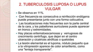 2. TUBERCULOSIS LUPOSA O LUPUS 
VULGAR 
 Se observa en 11%. 
 Con frecuencia es consecutiva a reinfección endógena 
puede presentarse junto con una forma colicuativa. 
 Las localizaciones más frecuentes son la parte central 
de la cara, y los pabellones auriculares puede aparecer 
en tronco y extremidades. 
 Hay placas eritematoescamosas y verrugosas de 
crecimiento centrífugo, que dejan en el centro 
ulceración y cicatrices atróficas o queloides 
 La lesión elemental es el lupoma, nódulo pequeño que 
a la vitropresión aparece de color amarillento, como 
una "lenteja transparente". 
 