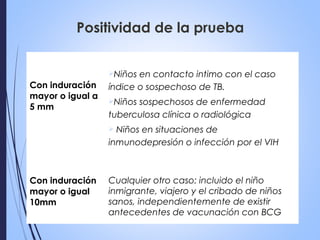 Positividad de la prueba
Con induración
mayor o igual a
5 mm
Niños en contacto intimo con el caso
índice o sospechoso de TB.
Niños sospechosos de enfermedad
tuberculosa clínica o radiológica
 Niños en situaciones de
inmunodepresión o infección por el VIH
Con induración
mayor o igual
10mm
Cualquier otro caso: incluido el niño
inmigrante, viajero y el cribado de niños
sanos, independientemente de existir
antecedentes de vacunación con BCG
 