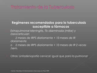 Regímenes recomendados para la tuberculosis
susceptible a fármacos
 Extrapulmonar:Meningitis, Tb diseminada (miliar) y
ósea/articular:
2 meses de IRPS diariamente + 10 meses de IR
diariamente
o 2 meses de IRPS diariamente + 10 meses de IR 2 veces
/sem.
 Otras: Linfadenopatía cervical: igual que para la pulmonar
Fuente: "Red Book" Enfermedades infecciosas en Ped.1999
 