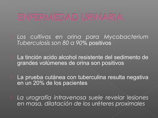  Los cultivos en orina para Mycobacterium
Tuberculosis son 80 a 90% positivos
 La tinción acido alcohol resistente del sedimento de
grandes volúmenes de orina son positivos
 La prueba cutánea con tuberculina resulta negativa
en un 20% de los pacientes
 La urografía intravenosa suele revelar lesiones
en masa, dilatación de los uréteres proximales
 