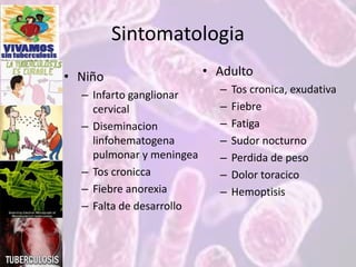 Sintomatologia
• Niño
– Infarto ganglionar
cervical
– Diseminacion
linfohematogena
pulmonar y meningea
– Tos cronicca
– Fiebre anorexia
– Falta de desarrollo
• Adulto
– Tos cronica, exudativa
– Fiebre
– Fatiga
– Sudor nocturno
– Perdida de peso
– Dolor toracico
– Hemoptisis
 