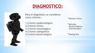 DIAGNOSTICO:
*Método clínico
*Métodos
Bacteriológicos
(baciloscopia)
*Radiografía
Para el diagnóstico se consideran
cinco criterios :
1.Criterio epidemiológico
2.Criterio clínico
3.Criterio inmunológico
4.Criterio radiográfico
5.Criterio bacteriológico
 