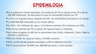 EPIDEMILOGIA
En la población infantil boliviana, la incidencia de Tb se calcula entre 30 a 40 por
100.000 habitantes. Se desconoce la tasa de mortalidad infantil por Tb
La Tb es la segunda causa, después del VIH, de mortalidad infecciosa en el mundo.
2,5 000’000.000 infectados en el mundo (2016)
En 2015: 10,4 millones de caos y 1,8 millones murieron (0,4 millones con VIH).
95% de las muertes por Tb en países de ingresos bajos y medianos.
Seis países acaparan el 60% de la mortalidad total (India, Indonesia, China, Nigeria,
Pakistán y Sudáfrica).
2015 un millón de casos en niños y 170 000 murieron.
2015, el 35% de las muertes asociadas al VIH se debieron a la Tb.
2015 Desarrollaron TB-MDR unas 480 000 personas a nivel mundial.
 