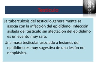 Testículo
La tuberculosis del testículo generalmente se
  asocia con la infección del epidídimo. Infección
  aislada del testículo sin afectación del epidídimo
  es un evento muy raro.
 Una masa testicular asociado a lesiones del
  epidídimo es muy sugestiva de una lesión no
  neoplásico.
 