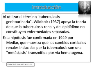 Al utilizar el término "tuberculosis
  genitourinaria", Wildbolz (1937) apoya la teoría
  de que la tuberculosis renal y del epidídimo no
  constituyen enfermedades separadas.
Esta hipótesis fue confirmada en 1949 por
  Medlar, que muestra que los cambios corticales
  renales inducidas por la tuberculosis son una
  "metástasis" transmitida por vía hematógena.
 