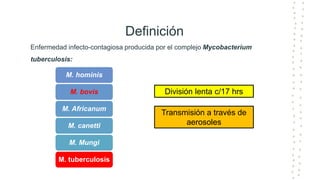 Definición
Enfermedad infecto-contagiosa producida por el complejo Mycobacterium
tuberculosis:
M. hominis
M. bovis
M. Africanum
M. canetti
M. Mungi
M. tuberculosis
División lenta c/17 hrs
Transmisión a través de
aerosoles
 