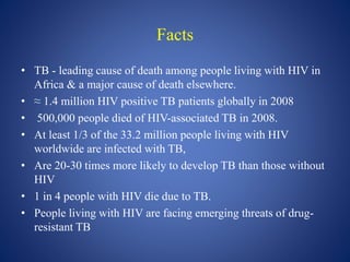 Facts
• TB - leading cause of death among people living with HIV in
Africa & a major cause of death elsewhere.
• ≈ 1.4 million HIV positive TB patients globally in 2008
• 500,000 people died of HIV-associated TB in 2008.
• At least 1/3 of the 33.2 million people living with HIV
worldwide are infected with TB,
• Are 20-30 times more likely to develop TB than those without
HIV
• 1 in 4 people with HIV die due to TB.
• People living with HIV are facing emerging threats of drug-
resistant TB
 