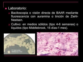  Laboratorio:
 Baciloscopia o visión directa de BAAR mediante
fluorescencia con auramina o tinción de Ziehl-
Neelsen.
 Cultivo: en medios sólidos (tipo 4-6 semanas) o
líquidos (tipo Middlebrook, 15 días-1 mes).
 