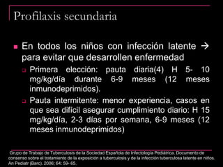 Profilaxis secundaria
 En todos los niños con infección latente 
para evitar que desarrollen enfermedad
 Primera elección: pauta diaria(4) H 5- 10
mg/kg/día durante 6-9 meses (12 meses
inmunodeprimidos).
 Pauta intermitente: menor experiencia, casos en
que sea difícil asegurar cumplimiento diario: H 15
mg/kg/día, 2-3 días por semana, 6-9 meses (12
meses inmunodeprimidos)
Grupo de Trabajo de Tuberculosis de la Sociedad Española de Infectología Pediátrica. Documento de
consenso sobre el tratamiento de la exposición a tuberculosis y de la infección tuberculosa latente en niños.
An Pediatr (Barc). 2006; 64: 59- 65.
 