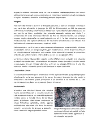 Imagen histológica de tuberculosis cutánea
mostrando infiltrado tuberculoide y células
epiteliodes multinucleadas gigantes en la
dermis papilar y profunda.
mujeres, los hombres constituyen solo el 5 al 10 % de los casos. La edad de comienzo varía entre la
adolescencia temprana y la vejez, pero con picos de incidencia en la adolescencia y la menopausia.
Se registra prevalencia estacional, en invierno y principios de primavera.
Patogenia
Históricamente el EI se ha asociado a etiología tuberculosa, si bien han aparecido opiniones en
con- tra de ésta afirmación, la detección del ADN del M tuberculosis por PCR ha provocado
controversias. Kuramoto y col afirman que el EI de Bazin representa una tuberculide causada por
una reacción de hiper- sensibilidad tipo retardada exagerada mediada por células T a
componentes del bacilo tuberculoso liberados del foco de infección latente(. Los complejos
inmunes pueden desempeñar un papel patogénico en el EI. Se han encontrado antígenos
micobacterianos. Esto explica la efectividad del tratamiento antituberculoso. Los linfocitos T de
pacientes con EI muestran una respuesta exagerada al PPD.
Pacientes mujeres con EI presentan alteraciones eritrocianóticas en las extremidades inferiores,
pesadez de las piernas, con piel gruesa y firme, pero no edematosas, además de perniosis folicular.
Los vasos cutáneos de los pacientes reaccionan en forma anormal a los cambios de temperatura
ambiental, por tanto las lesiones cutánea de EI se asocian con la exposición al frío.
Los términos eritema indurado (EI) y vasculitis nodular (VN) han creado confusión. En la actualidad
la mayoría de autores acepta una subdivisión del complejo eritema indurado – vasculitis nodular
en dos grupos. Uno con etiología tuberculosa y otra sin esa etiología. El término EI sólo debe
reservarse para los casos en los que se pueda demostrar el origen tuberculoso.
Características Clínicas
Se caracteriza clínicamente por la presencia de nódulos o placas induradas que pueden progresar
a la ulceración, en la parte posterior de las piernas de mujeres jóvenes o de edad media. La
eritrocianosis pre-existente puede predisponer a los pacientes a las lesiones de EI. Cutis
marmorata es común. Existe una prevalencia durante el invierno.
Histopatología
Se observa una panicullitis nodular que comparte
muchas características con la vasculitis nodular; se
caracteriza con frecuencia por ulceración epidermal,
necrosis caseosa a menudo intensa de los lóbulos
grasos, granulomas tuberculoides compuestos de
células histiocíticas epiteliodes, células gigantes
multinucleadas adyacentes a las áreas de necrosis,
vasculitis necrotizante de grandes y pequeños
vasos. Las lesiones antiguas presentan fibrosis.
 