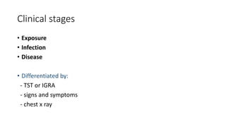 Clinical stages
• Exposure
• Infection
• Disease
• Differentiated by:
- TST or IGRA
- signs and symptoms
- chest x ray
 