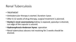 Renal Tuberculosis
• TREATMENT
• Antitubercular therapy is started. Duration-1year.
• After 6-12 weeks of drug therapy, surgical treatment is planned.
• Hanley’s renal cavernostomy-kidney is exposed, pyocalyx is drained,
cut edge of the capsule is sutured.
• Hydronephrosis-Anderson hynes operation
• Renal tuberculous abscess not resolving for 2 weeks should be
drained.
 