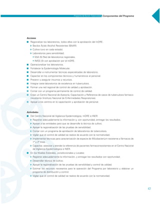 43
Acciones
˾ Regionalizar los laboratorios, todos ellos con la aprobación del InDRE.
Ī Bacilos Ácido Alcohol Resistentes (BAAR).
Ī Cultivo (uno en cada estado).
Ī Laboratorios para sensibilidad;
• SSA (5) Red de laboratorios regionales.
• IMSS (3) con aprobación por el InDRE.
˾ Operacionalizar los laboratorios.
˾ Fortalecer la Epidemiología Molecular.
˾ Desarrollar e instrumentar técnicas especializadas de laboratorio.
˾ Capacitar en los componentes técnicos y humanísticos al personal.
˾ Prevenir y asegurar insumos y recursos.
˾ Integrar siete laboratorios de excelencia en tuberculosis.
˾ Formar una red regional de control de calidad y aprobación.
˾ Contar con un programa permanente de control de calidad.
˾ Crear un Centro Nacional de Asesoría, Capacitación y Referencia de casos de tuberculosis farmaco-
rresistente (Instituto Nacional de Enfermedades Respiratorias).
˾ Apoyar a los centros en la capacitación y aprobación de personal.
Actividades
˾ Del Centro Nacional de Vigilancia Epidemiológica, InDRE e INER:
Ī Registrar adecuadamente la información y, con oportunidad, entregar los resultados.
Ī Apoyar a las entidades para que se desarrolle la técnica de cultivo.
Ī Apoyar la regionalización de las pruebas de sensibilidad.
Ī Contar con un programa de aprobación de laboratorios de tuberculosis.
Ī Vigilar que el control de calidad se realice de acuerdo con la normatividad.
Ī Implementar técnicas para caracterización de especie de Micobacterium resistente a fármacos de
1ª y 2ª línea.
Ī Capacitar, asesorar y atender la referencia de pacientes farmacorresistentes en el Centro Nacional
de Vigilancia Epidemiológica e INER.
˾ En los Niveles Estatales, Jurisdiccionales y Locales:
Ī Registrar adecuadamente la información, y entregar los resultados con oportunidad.
Ī Desarrollar técnica de cultivo.
Ī Apoyar la regionalización de las pruebas de sensibilidad y control de calidad.
Ī Estimar los recursos necesarios para la operación del Programa por laboratorio y elaborar un
programa de distribución y control.
Ī Vigilar que el control de calidad se realice de acuerdo con la normatividad.
Componentes del ProgramaPrograma de Acción: Tuberculosis
 