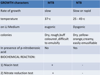 GROWTH characters MTB NTB
Rate of growth slow Slow or rapid
temperature 37◦c 25 - 45◦c
on LJ Medium eugonic Dysgonic
colonies Dry, rough,buff
coloured ,difficult
to emulsify
Dry, yellow-
orange,creamy,
easily emusifiable
In presence of p-nitrobenzoic
acid
No Yes
BIOCHEMICAL REACTION:
1) Niacin test + -
2) Nitrate reduction test + -
 