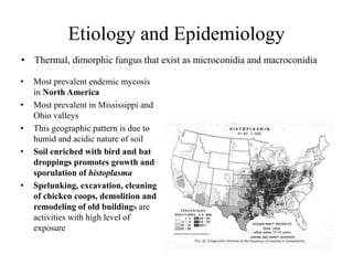 Etiology and Epidemiology
• Thermal, dimorphic fungus that exist as microconidia and macroconidia
• Most prevalent endemic mycosis
in North America
• Most prevalent in Mississippi and
Ohio valleys
• This geographic pattern is due to
humid and acidic nature of soil
• Soil enriched with bird and bat
droppings promotes growth and
sporulation of histoplasma
• Spelunking, excavation, cleaning
of chicken coops, demolition and
remodeling of old buildings are
activities with high level of
exposure
 