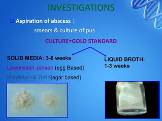 INVESTIGATIONS


Aspiration of abscess :
smears & culture of pus
CULTURE=GOLD STANDARD

SOLID MEDIA: 3-8 weeks
Lowenstein Jensen (egg Based)
Middlebrook 7H11(agar based)

LIQUID BROTH:
1-3 weeks

 