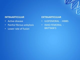 INTRAARTICULAR
• Active disease
• Painful fibrous ankylosis
• Lower rate of fusion

EXTRAARTICULAR
• ILIOFEMORAL - HIBBS
• ISHIO FEMORAL BRITTAIN’S

 