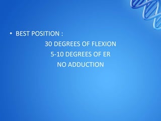 • BEST POSITION :
30 DEGREES OF FLEXION
5-10 DEGREES OF ER
NO ADDUCTION

 