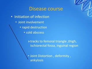 Disease course
• Initiation of infection
• Joint involvement
• rapid destruction
• cold abscess
»tracks to femoral triangle ,thigh,
ischiorectal fossa, inguinal region

• Joint Distortion , deformity ,
ankylosis

 