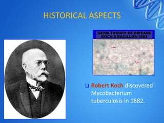 HISTORICAL ASPECTS



Robert Koch discovered
Mycobacterium
tuberculosis in 1882.

 