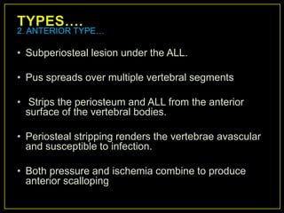 2. ANTERIOR TYPE…

• Subperiosteal lesion under the ALL.

• Pus spreads over multiple vertebral segments

• Strips the periosteum and ALL from the anterior
  surface of the vertebral bodies.

• Periosteal stripping renders the vertebrae avascular
  and susceptible to infection.

• Both pressure and ischemia combine to produce
  anterior scalloping
 