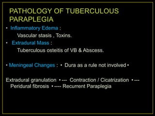 • Inflammatory Edema :
      Vascular stasis , Toxins.
• Extradural Mass :
      Tuberculous osteitis of VB & Abscess.

• Meningeal Changes : • Dura as a rule not involved•

Extradural granulation •--- Contraction / Cicatrization •---
 Peridural fibrosis •---- Recurrent Paraplegia
 