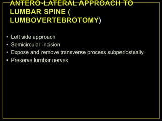 •   Left side approach
•   Semicircular incision
•   Expose and remove transverse process subperiosteally.
•   Preserve lumbar nerves
 
