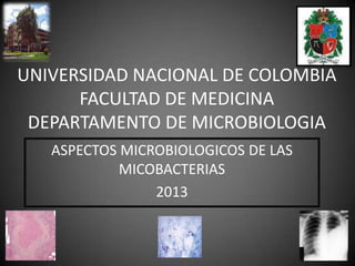 UNIVERSIDAD NACIONAL DE COLOMBIA
      FACULTAD DE MEDICINA
 DEPARTAMENTO DE MICROBIOLOGIA
   ASPECTOS MICROBIOLOGICOS DE LAS
            MICOBACTERIAS
                2013
 