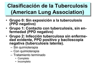 Clasificación de la Tuberculosis
(American Lung Association)
• Grupo 0: Sin exposición a la tuberculosis
(PPD negativo)
• Grupo 1: Contacto con tuberculosis, sin en-
fermedad (PPD negativo)
• Grupo 2: Infección tuberculosa sin enferme-
dad evidente, PPD positivo y baciloscopía
negativa (tuberculosis latente).
– Sin quimioterapia
– Con quimioterapia
– Tratamiento terminado
• Completo
• Incompleto
 